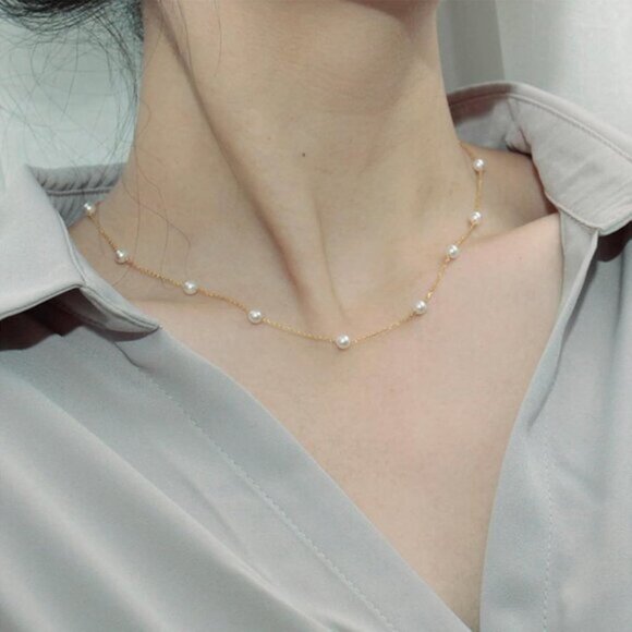 Gold Pearl Choker Necklace Beaded Chain Dainty Jewelry for Women Wedding Gift - Picture 2 of 7